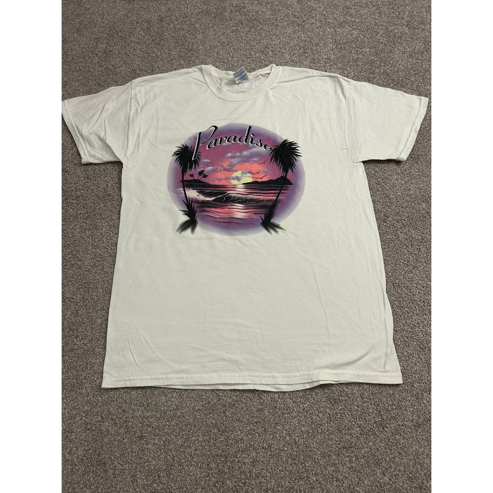 VTG Paradise Graphic Tee Mens L White Excellent Tropical Sunset Beach Shirt